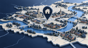 Mortgage Broker in Warrington illustrated with a blue location pin, local homes and a stylised river map.