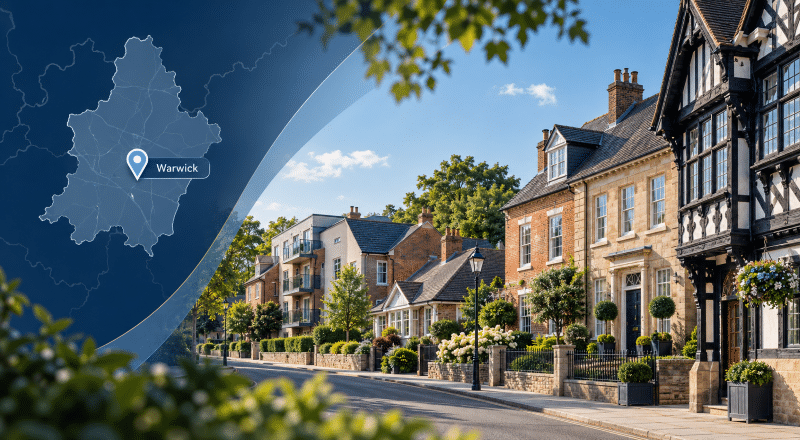 Mortgage Broker in Warwick hero image showing a Warwick street with mixed property types, including period homes and modern flats, with a location pin and map graphic highlighting Warwick.