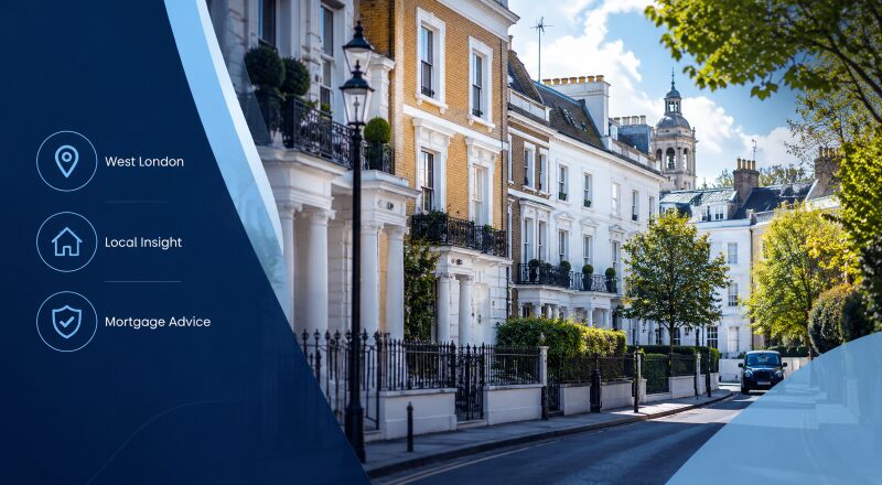 Mortgage Broker in West London hero image featuring an elegant residential street, period townhouses and location-led mortgage advice icons.