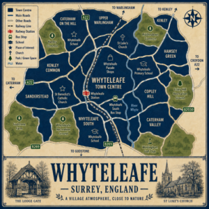 Vintage illustrated map poster of Whyteleafe, Surrey, with a cream parchment background and dark navy neighbourhood areas centred on Whyteleafe Town Centre. The map shows labelled roads, railway line, Whyteleafe Station, bus stop, schools, churches, parks, green spaces and the River Whyte. Surrounding areas include Caterham on the Hill, Upper Warlingham, Kenley, Hamsey Green, Copley Hill, Caterham Valley, Whyteleafe South, Sanderstead and Kenley Common. Key landmarks include Whyteleafe Parade Shops, Whyteleafe Primary School, St Luke’s Church, St Benedict’s Catholic Church, Whyteleafe School, Riddlesdown Common, Kenley Common, Whyteleafe Recreation Ground, Coley Hill Recreation Ground and Woldingham Golf Club. A decorative lower panel reads “WHYTELEAFE, SURREY, ENGLAND” with engraved-style illustrations of The Lodge Gate and St Luke’s Church, plus the subtitle “A village atmosphere, close to nature.”