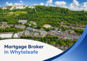 Promotional banner showing a bright summer aerial view of Whyteleafe with leafy residential streets and surrounding greenery, styled with a white curved cloud-shaped panel and blue graphic accents at the bottom, featuring the title “Mortgage Broker in Whyteleafe” in two blue brand tones.
