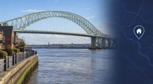 Mortgage Broker in Widnes, featuring the Silver Jubilee Bridge, riverside homes and a blue location pin with subtle map detail.