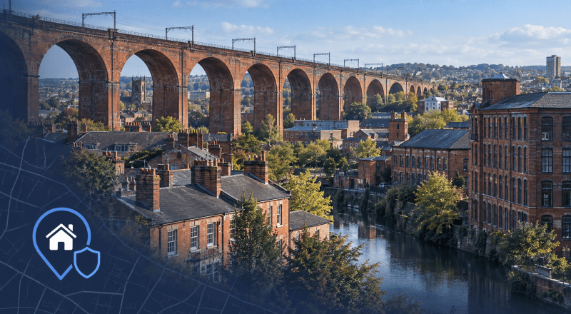 Mortgage Protection Broker in Stockport, featuring a viaduct scene with blue location pin, house and protection shield icons.