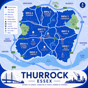A square, blue-themed postcode map of Thurrock in Essex, styled with curved branded borders. The map highlights postcode areas including RM16, RM17, RM18, RM20, and RM15. Major roads such as the M25, A13, A127, A128, and A1089 are labelled. Key towns including Grays, Tilbury, Stanford-le-Hope, Corringham, Purfleet, and South Ockendon are marked. Grays town centre is shown near the middle with Grays Station indicated. Landmarks such as Lakeside Shopping Centre, Thurrock Community Hospital, and the Port of Tilbury are included. Green spaces including Langdon Hills Country Park and Thurrock Thameside Nature Park are shown in green, with the River Thames running along the southern edge. The design uses layered blue tones with white text and clean boundary lines for clarity.