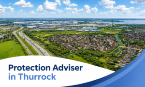 Promotional banner showing a sunny aerial view of Thurrock with realistic white clouds, blue curved graphic accents, and the text “Protection Adviser in Thurrock”