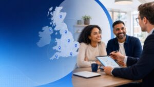 Find a Mortgage Adviser by County hero image showing a diverse couple speaking with a mortgage adviser beside a UK map with location pins, representing local mortgage broker search across the UK.
