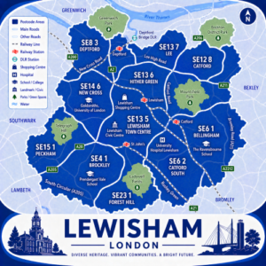 A square, blue-themed postcode map of Lewisham in London, styled with curved branded borders. The map highlights postcode areas including SE4, SE6, SE8, SE12, SE13, SE14, SE15, and SE23. Major roads such as the A2, A20, A21, A200, A205 (South Circular), and A2212 are labelled. Lewisham town centre (SE13) is marked near the middle, with Lewisham Station and DLR connections indicated. Key locations such as Lewisham Shopping Centre, Lewisham Civic Centre, University Hospital Lewisham, and Goldsmiths, University of London are shown. Nearby areas including Deptford, Catford, Brockley, Forest Hill, New Cross, and Lee are labelled. Green spaces such as Greenwich Park, Mountsfield Park, Ladywell Fields, and Telegraph Hill are shown in green, with the River Thames running along the northern edge. The design uses layered blue tones with white text and clean boundary lines for clarity.