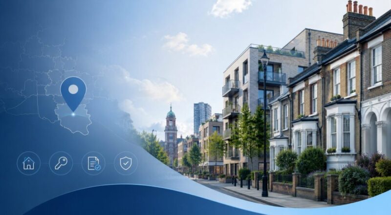 Mortgage Adviser in Lewisham with local homes, modern apartments and location icons.