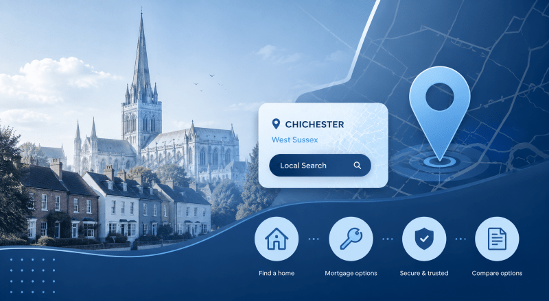 Mortgage Broker in Chichester hero image featuring Chichester Cathedral, local homes, a West Sussex map and location search icons.