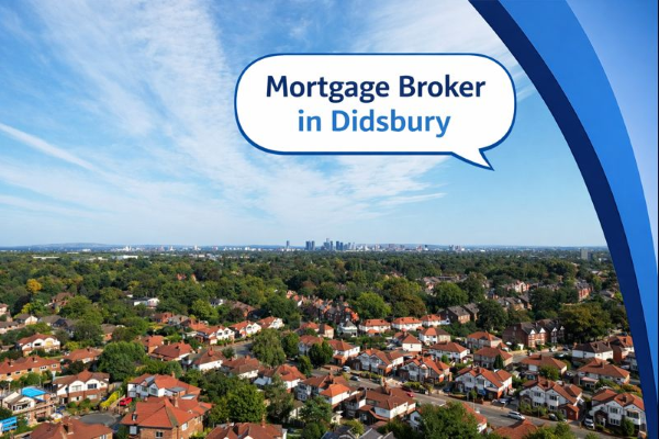 Mortgage Broker in Didsbury graphic showing an aerial view of a leafy residential area with red brick houses on the left and Connect Mortgages branded blue curved design on the right, with the title displayed in a speech bubble.