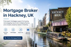 Mortgage Broker in Hackney UK hero image showing Hackney Wick canal, narrowboat, local buildings and mortgage service icons for first-time buyers, remortgages, buy-to-let and specialist mortgages.