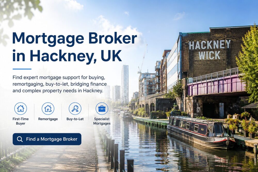 Mortgage Broker in Hackney UK hero image showing Hackney Wick canal, narrowboat, local buildings and mortgage service icons for first-time buyers, remortgages, buy-to-let and specialist mortgages.