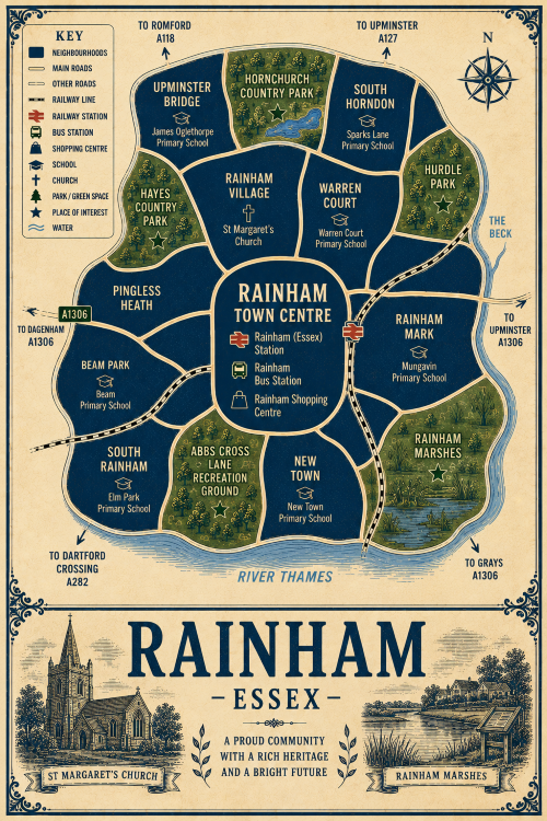 Vintage illustrated map poster of Rainham, Essex, with a cream parchment background and dark navy neighbourhood areas centred on Rainham Town Centre. The map shows labelled roads, railway lines, Rainham (Essex) Station, Rainham Bus Station, shopping centre, schools, churches, parks, green spaces, waterways and the River Thames. Surrounding areas include Rainham Village, Warren Court, Rainham Mark, New Town, South Rainham, Beam Park, Pingless Heath, Upminster Bridge and South Horndon. Key landmarks include St Margaret’s Church, Rainham Marshes, Hornchurch Country Park, Hayes Country Park, Hurdle Park, Abbs Cross Lane Recreation Ground and Rainham Shopping Centre. A decorative lower panel reads “RAINHAM, ESSEX” with engraved-style illustrations of St Margaret’s Church and Rainham Marshes, plus the subtitle “A proud community with a rich heritage and a bright future.”