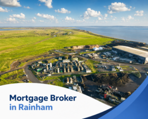 Promotional graphic for a mortgage broker in Rainham, featuring a bright summer aerial view of a coastal industrial site beside green marshland and open water under a blue sky with realistic white clouds. A white curved banner at the bottom displays the text “Mortgage Broker in Rainham” in two shades of blue, with layered dark and light blue branding accents on the lower right.