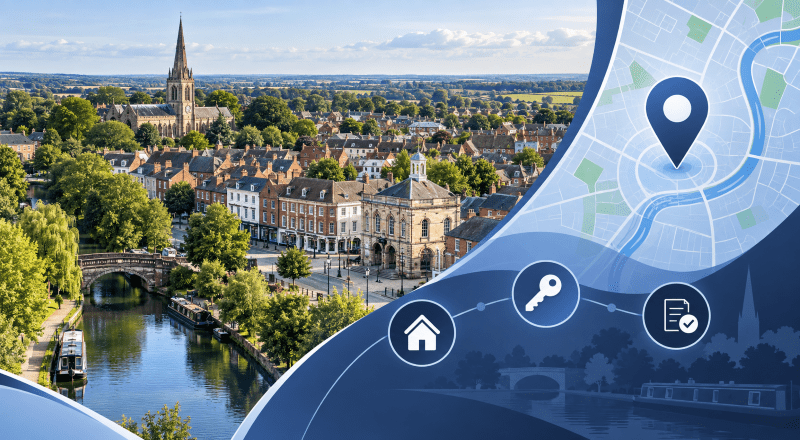 Mortgage Broker in Retford location graphic featuring a historic Retford townscape, canal, residential properties, map details and property icons.