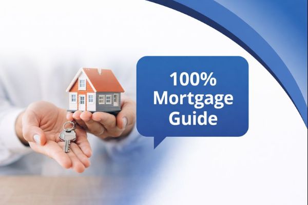 Banner image showing hands holding a small model house and a set of keys on the left. The right side features a smooth white-to-blue curved transition using Connect Mortgages brand colours, filling the full height. A blue speech bubble contains the title “100% Mortgage Guide”.