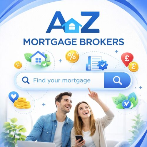 Square promotional graphic for A-Z Mortgage Brokers showing a search bar labelled “Find your mortgage”, with home and finance icons including pound symbols, and a couple using a laptop and phone to search, designed to represent mortgage search functionality.