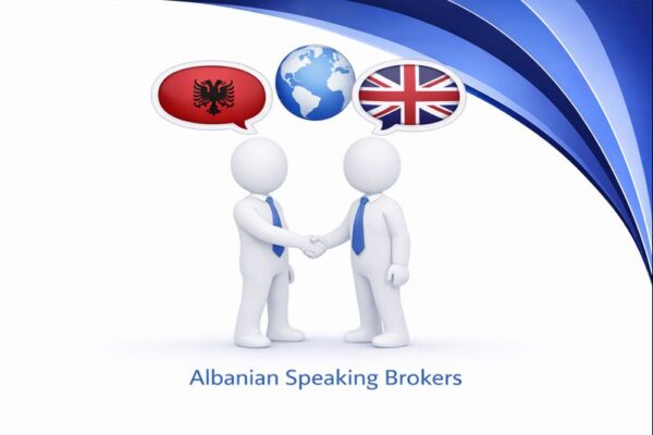 Albanian Speaking Brokers graphic showing two white 3D figures in blue ties shaking hands, with high resolution Connect Mortgages branded blue curved design and speech bubbles displaying the Albanian flag, a globe, and the UK flag above them.