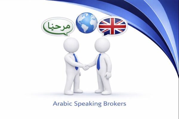 Arabic Speaking Brokers graphic showing two white 3D figures in blue ties shaking hands, with high resolution Connect Mortgages branded blue curved design, and speech bubbles displaying Arabic text, a globe, and the UK flag above them.