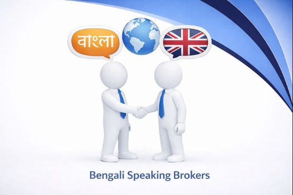 Bengali Speaking Brokers graphic showing two white 3D figures in blue ties shaking hands, with speech bubbles displaying the Bengali word “বাংলা”, a globe, and the UK flag above them, set against Connect Mortgages branded blue curved design.