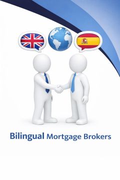 3D illustration in a 240x300 format showing two white humanoid figures wearing blue ties shaking hands, representing bilingual mortgage brokers. Above them are speech bubbles with the UK and Spanish flags, plus a globe icon, all set on a white background with Connect Mortgages branded blue accents.