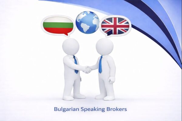 Bulgarian Speaking Brokers graphic showing two white 3D figures in blue ties shaking hands, with speech bubbles displaying the Bulgarian flag, a globe, and the UK flag above them, set against Connect Mortgages branded blue curved design.