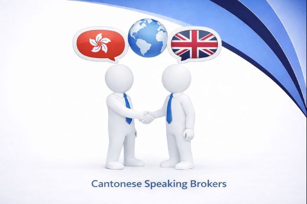 Cantonese Speaking Brokers graphic showing two white 3D figures in blue ties shaking hands, with speech bubbles displaying the Hong Kong flag, a globe, and the UK flag above them, set against Connect Mortgages branded blue curved design.