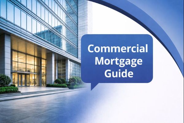 Banner image showing a modern commercial office building with glass frontage and landscaped entrance on the left. The right side features a smooth white to blue curved transition in Connect Mortgages brand colours, filling the full height. A blue speech bubble contains the title “Commercial Mortgage Guide”.