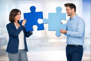 Two business professionals in a bright office smile at each other while holding two large puzzle pieces in Connect Mortgages branded blue shades, positioned as if they are about to fit together, in a 300x200 image.
