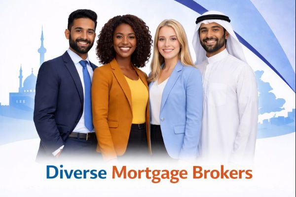Diverse group of professional mortgage brokers standing together, representing inclusive and FCA-authorised mortgage advice across the UK