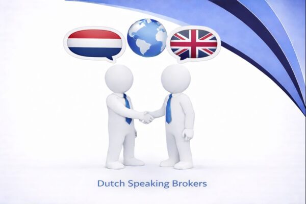 Dutch Speaking Brokers graphic showing two white 3D figures in blue ties shaking hands, with speech bubbles displaying the Dutch flag, a globe, and the UK flag above them, set against Connect Mortgages branded blue curved design.