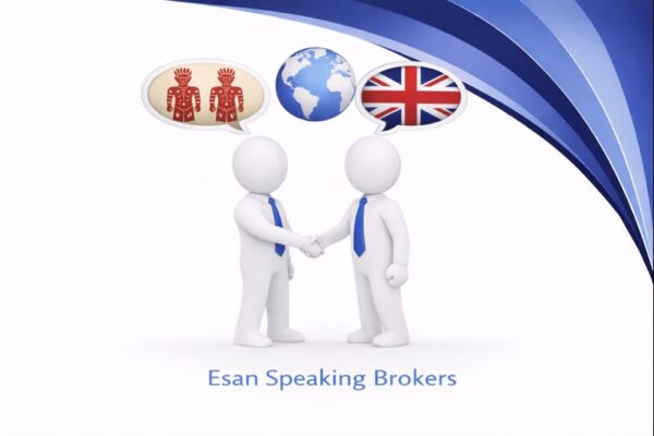 Esan Speaking Brokers graphic showing two white 3D figures in blue ties shaking hands, with high resolution Connect Mortgages branded blue curved design and speech bubbles displaying Esan cultural symbols, a globe, and the UK flag above them.