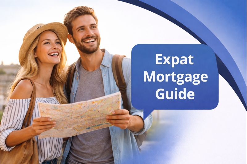 Banner image showing a couple holding a map and smiling outdoors, representing expats planning property ownership. The right side features a smooth white to blue curved transition in Connect Mortgages brand colours, filling the full height. A blue speech bubble contains the title “Expat Mortgage Guide”.