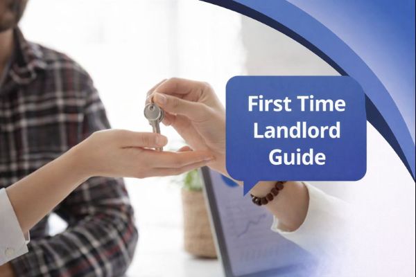 Banner image showing two hands exchanging a set of keys, with a blurred person and laptop in the background. The right side features a smooth white to blue curved transition in Connect Mortgages brand colours, filling the full height. A blue speech bubble contains the title “First Time Landlord Guide”.