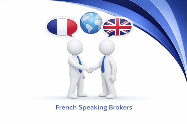 French Speaking Brokers graphic showing two white 3D figures in blue ties shaking hands, with high resolution Connect Mortgages branded blue curved design, and speech bubbles displaying the French flag, a globe, and the UK flag above them.