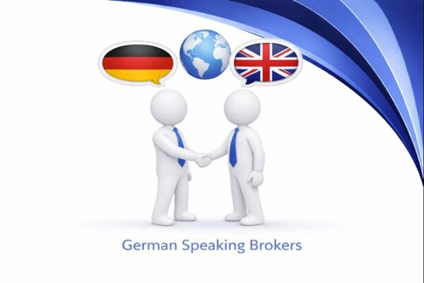 German Speaking Brokers graphic showing two white 3D figures in blue ties shaking hands, with high resolution Connect Mortgages branded blue curved design and speech bubbles displaying the German flag, a globe, and the UK flag above them.