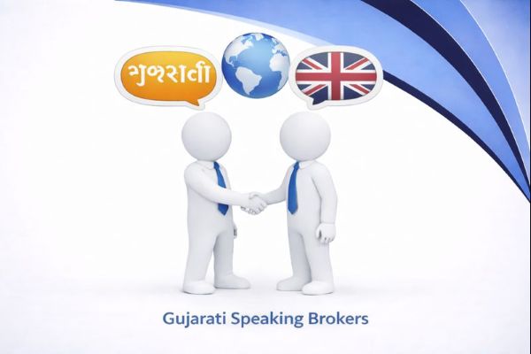 Gujarati Speaking Brokers graphic showing two white 3D figures in blue ties shaking hands, with speech bubbles displaying the Gujarati word “ગુજરાતી”, a globe, and the UK flag above them, set against Connect Mortgages branded blue curved design.