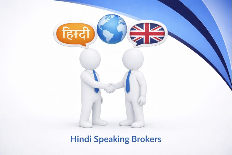 Hindi Speaking Brokers graphic showing two white 3D figures in blue ties shaking hands, with speech bubbles displaying the Hindi word “हिंदी”, a globe, and the UK flag above them, set against Connect Mortgages branded blue curved design.