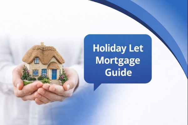Banner image showing hands holding a small cottage style model house, representing a holiday let property. The right side features a smooth white to blue curved transition in Connect Mortgages brand colours, filling the full height. A blue speech bubble contains the title “Holiday Let Mortgage Guide”.