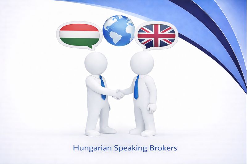Hungarian Speaking Brokers graphic showing two white 3D figures in blue ties shaking hands, with speech bubbles displaying the Hungarian flag, a globe, and the UK flag above them, set against Connect Mortgages branded blue curved design.