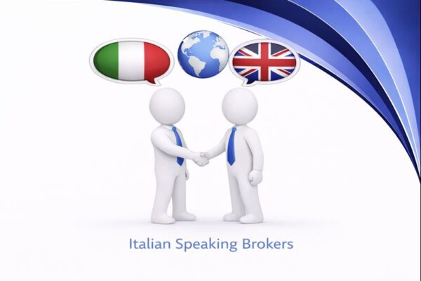 Italian Speaking Brokers graphic showing two white 3D figures in blue ties shaking hands, with high resolution Connect Mortgages branded blue curved design and speech bubbles displaying the Italian flag, a globe, and the UK flag above them.