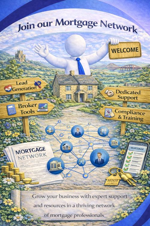 Illustration titled “Join Our Mortgage Network” showing a welcoming and supportive mortgage professional community. The scene features a friendly white 3D character holding a welcome sign above a home, surrounded by signposts highlighting lead generation, broker tools, dedicated support, and compliance and training. Visual elements include connected network icons representing mortgage advisers, documents, a smartphone, keys, and coins, set within a countryside backdrop to symbolise growth, collaboration, and professional support within a mortgage network.