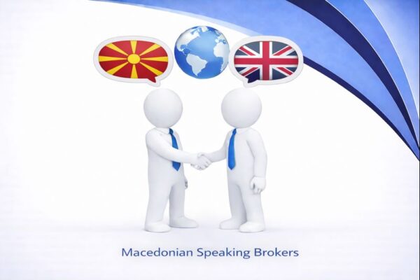 Macedonian Speaking Brokers graphic showing two white 3D figures in blue ties shaking hands, with speech bubbles displaying the Macedonian flag, a globe, and the UK flag above them, set against Connect Mortgages branded blue curved design.