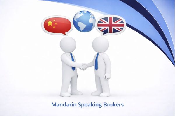 Mandarin Speaking Brokers graphic showing two white 3D figures in blue ties shaking hands, with speech bubbles displaying the Chinese flag, a globe, and the UK flag above them, set against Connect Mortgages branded blue curved design.