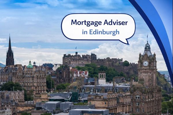Mortgage Adviser in Edinburgh graphic showing an aerial view of Edinburgh city skyline with historic buildings and Edinburgh Castle, alongside Connect Mortgages branded blue curved design and the title displayed in a speech bubble.