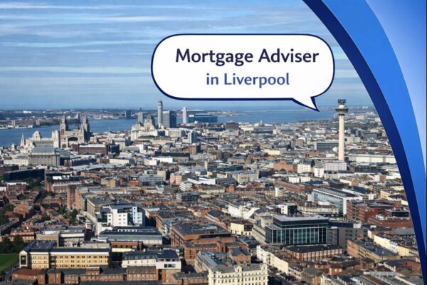 Aerial view of City of Liverpool featuring commercial and residential houses, with a subtle Connect Mortgages blue gradient fading in from the right side and the rest of the city shown in natural colours. This presence of Mortgage Advisers in Liverpool