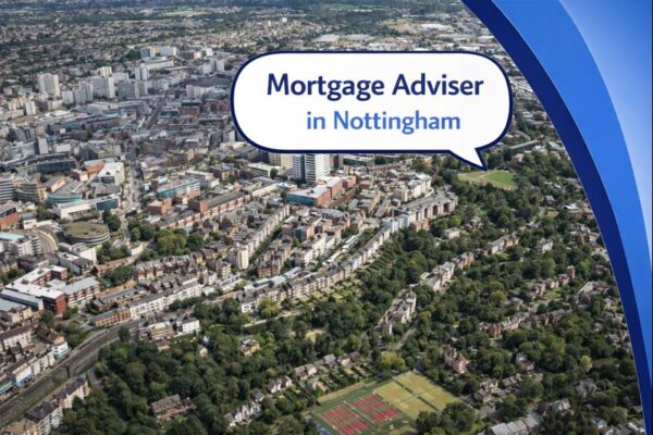 Mortgage Adviser in Nottingham graphic showing an aerial view of Nottingham city with a mix of residential neighbourhoods, green spaces, and the city centre, alongside Connect Mortgages branded blue curved design and the title displayed in a speech bubble.