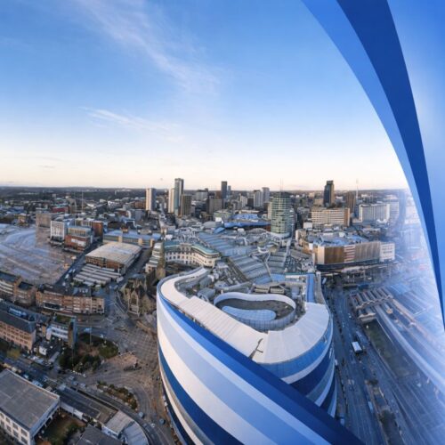 Aerial cityscape of Birmingham tinted in Connect Mortgages blue branding, featuring modern buildings, rail lines, and curved blue graphic overlays to represent Mortgage Advisers in Birmingham