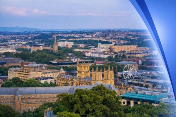 Aerial view of Bristol city centre featuring Bristol Cathedral and surrounding greenery, with a subtle Connect Mortgages blue gradient fading in from the right side and the rest of the city shown in natural colours. This presence Mortgage Advisers in Bristol