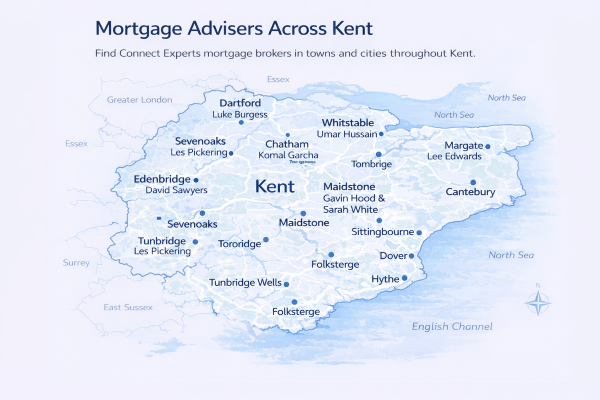 Map of Kent in the UK with mortgage brokers in their respective locations